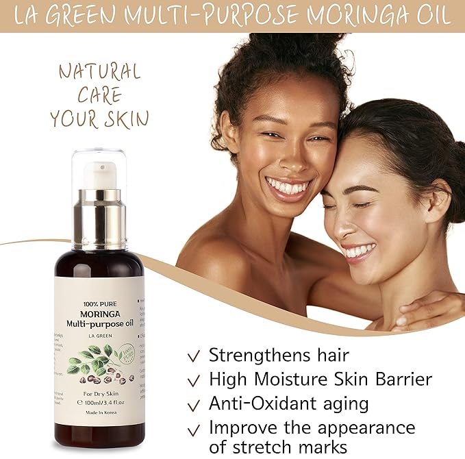 LA GREEN USDA Organic Moringa Oil Pure Multi purpose - for Face, Body, Hair - Food Grade, Oral Consumption - USDA Certified, Non GMO, Cold Pressed, Unrefined. bottle with Pump. Face Oil(3.4 fl oz)