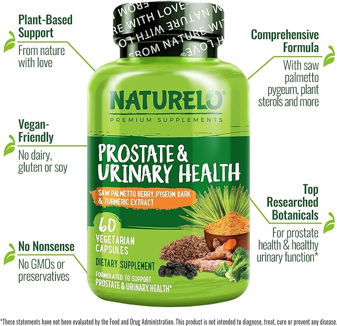 NATURELO Prostate & Urinary Health, Comprehensive Formula with Saw Palmetto, Pygeum, Tumeric, Plant Sterols, Broccoli and Lycopene, 60 Vegetarian Capsules