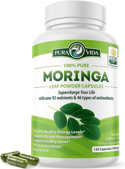 PURA VIDA MORINGA Capsules Single Origin Moringa Powder Organic. Moringa Leaf. Energy, Metabolism, & Immune Support. 120ct. 500mg Caps.