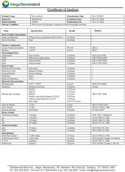 Mega Resveratrol Powder, Pharmaceutical Grade, 99% Pure Micronized Trans-Resveratrol, 60 Grams Powder, Purity Certified. Excipients Free.