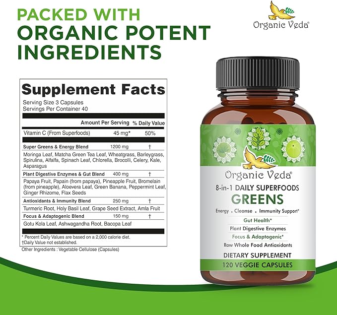 Organic Veda Super Greens Food Capsules - 30 Natural Fruit & Veggie Dietary Supplement with Moringa Leaf, Alfalfa, Turmeric, Papaya, Amla, Ashwagandha to Boosts Immunity, Gut Health - 120 Count