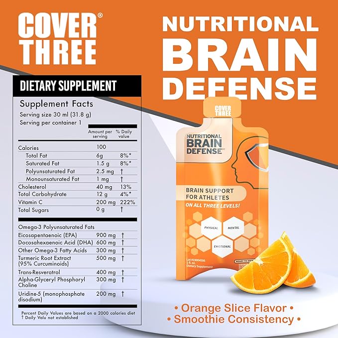 Cover Three Nootropic Brain Supplement for Athletes & Active Adults - Assist Focus, Memory, Clarity, Recovery - Trans Resveratrol, Omega 3 DHA EPA, Uridine, Alpha GPC - Orange Flavor 30 Count (6)