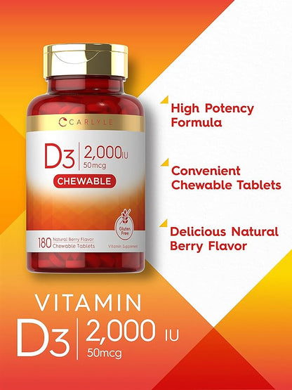 Carlyle Chewable Vitamin D3 2000 IU (50mcg) Tablets | 180 Count | Berry Flavor | Vegetarian, Non-GMO and Gluten Free