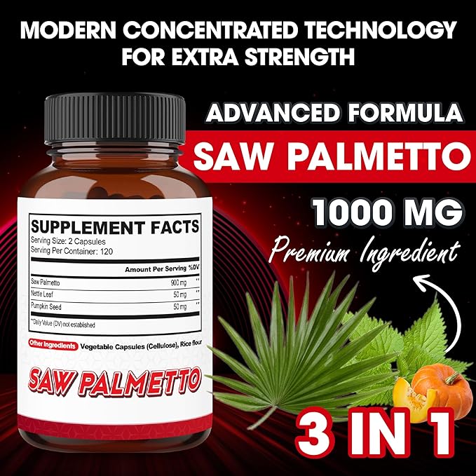 agobi 1000mg Saw Palmetto Supplement with Nettle Leaf & Pumpkin - High Extract Support for Restful Mood, Hair Health, Immune System & Energy Production - 240 Veggie Capsules for 4-Month Suppply