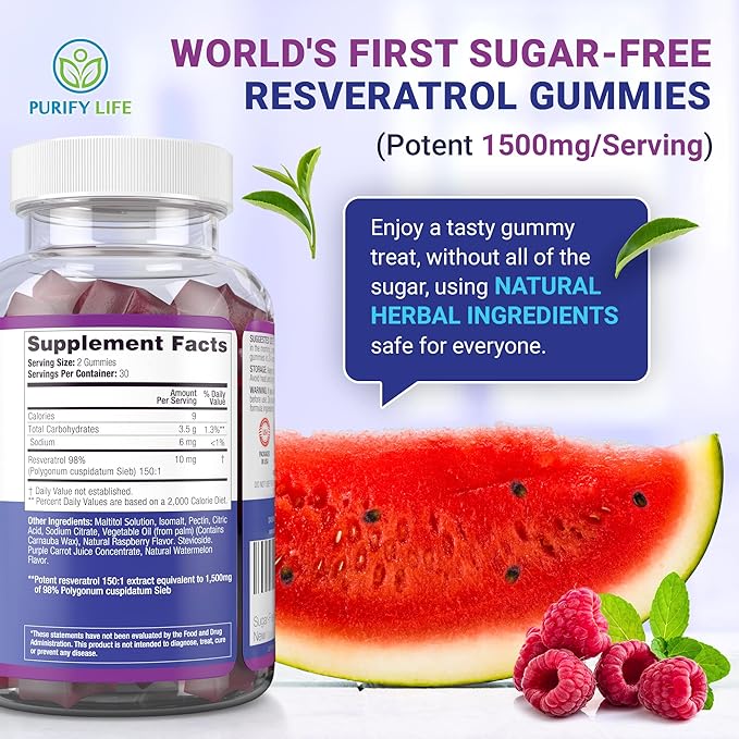 Purify Life Sugar-Free Resveratrol Gummies - Potent 1500mg Resveratrol Supplement to Support Digestive & Immune Health - Resveratrol Supplement for Antioxidant Support, Cell Regenerator & Repair