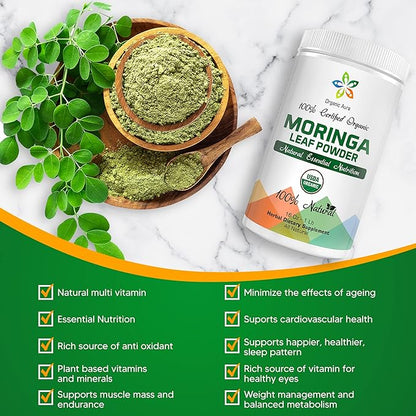 Certified Organic Moringa Leaf Powder-8Oz. USDA Certified Organic. Naturally boosts Energy, Metabolism & Immunity. 100% Pure and Raw. Green Whole Superfood. No GMO, Gluten Free.