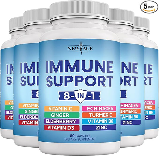 8 in 1 Immune Support Booster Supplement with Echinacea, Vitamin C and Zinc 50mg, Vitamin D 5000 IU, Turmeric Curcumin & Ginger, B6, Elderberry (8 in 1 Capsules (Pack of 5))