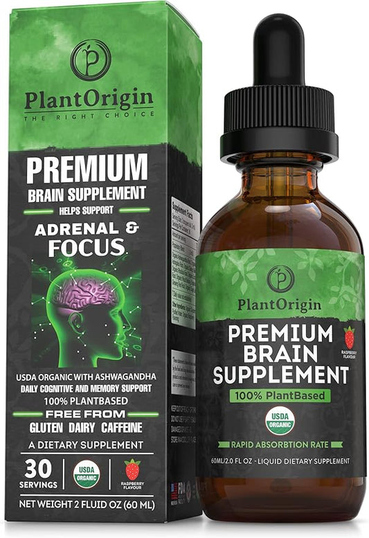 Premium Brain Nootropic Drops |Memory Focus & Concentration | Ashwagandha Ginseng & Ginkgo Biloba | USDA Organic Vegan & Non GMO | Gluten Free 30 Servings 2 OZ