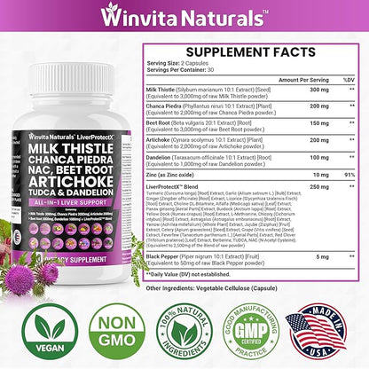 Milk Thistle 3000mg NAC Chanca Piedra 2000mg Beet Root 3000mg Artichoke 2000mg Dandelion 1000mg - Liver Health Support, Cleanse Detox & Repair Supplement Plus TUDCA Choline and Ginger Vegan Caps USA