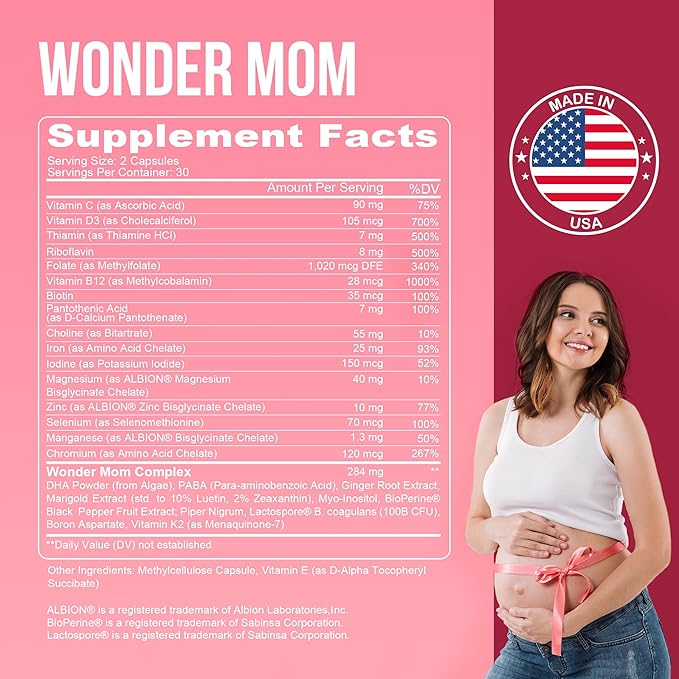 YOU'RE NATURAL Wonder Mom Prenatal and Postnatal Vitamins for Women with Folate, DHA, Probiotics, Iron, Myo Inositol, Biotin, D3, B12 Fetal Development, Pregnancy Must Have-30 Day Supply