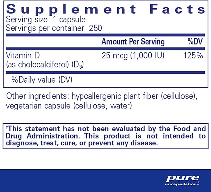 Pure Encapsulations Vitamin D3 25 mcg (1,000 IU) - Supplement to Support Bone, Joint, Breast, Heart, Colon & Immune Health - with Premium Vitamin D - 250 Capsules