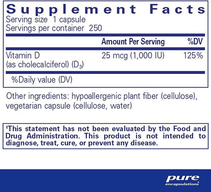 Pure Encapsulations Vitamin D3 25 mcg (1,000 IU) - Supplement to Support Bone, Joint, Breast, Heart, Colon & Immune Health - with Premium Vitamin D - 250 Capsules