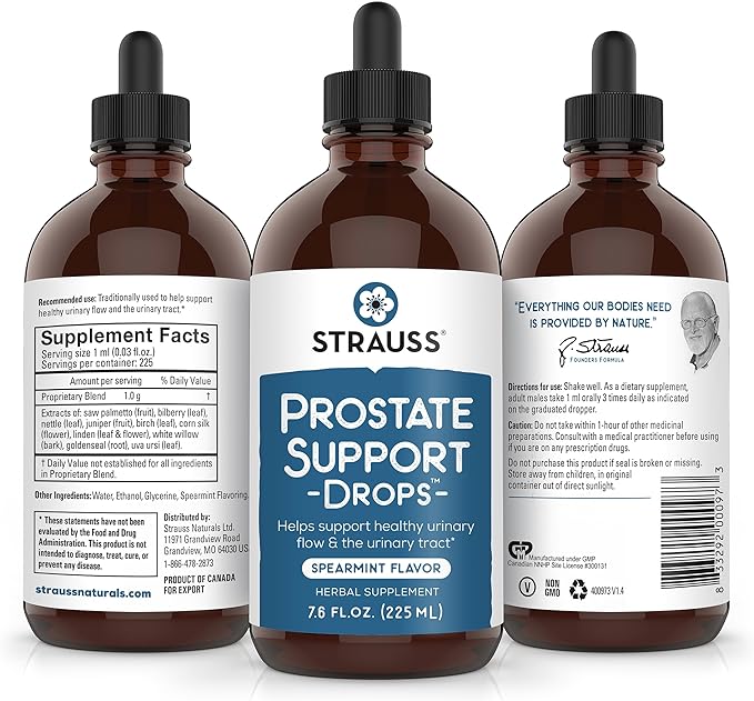 Strauss Naturals Prostate Support Drops – Prostate Supplement for Men, Prostate & Urinary Tract Support, Gluten-Free, Soy-Free, and Non-GMO, 7.6 fl oz.