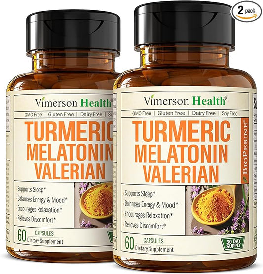 Turmeric, Melatonin & Valerian Root Sleep Aid Supplement. Natural Sleep Aid for Adults with L-Theanine, Ginger & Black Pepper Extract. Melatonin 3mg, Valerian Root Capsules. Relaxation Support. 2-Pack