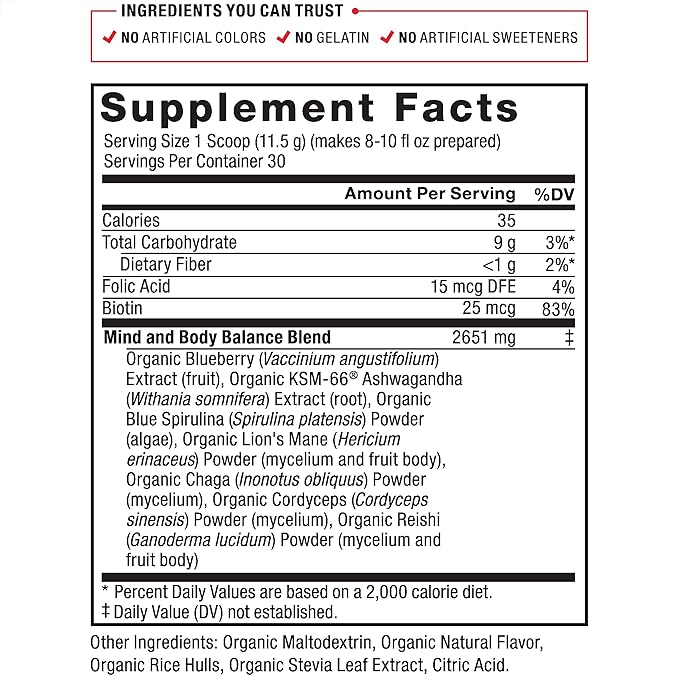 Force Factor Organics Blues Superfood Powder for Stress Relief and Mood Support with Ashwagandha, Blue Spirulina Powder, Cordyceps, and Lion’s Mane, Vegan and Non-GMO, Summer Berry, 30 Servings