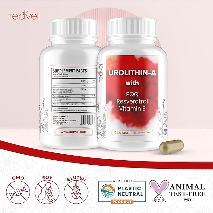 Advanced Urolithin A (15 Servings) & Stem Cell Supplement with 500mg Urolithin A, Resveratrol, PQQ, Vitamin E & Bioperine – Supports NAD+, Mitochondria, Muscle Health, Healthy Cells & Energy Levels