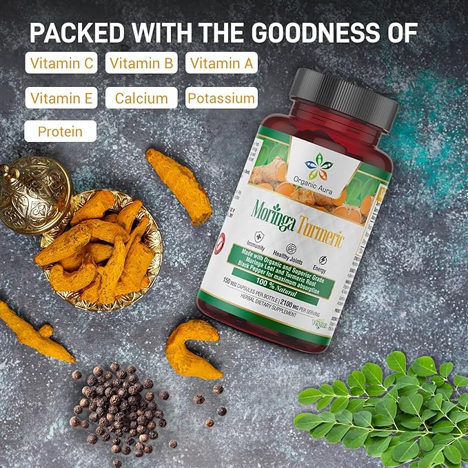 Moringa Turmeric Curcumin Capsule. 150 Veg. Whole Green Superfood. Natural Essential Nutrition - Energy, Stamina, Metabolism, Immunity and Endurance. Non GMO and Gluten Free.