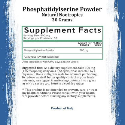 Phosphatidylserine Powder | Phosphatidylserine Supplement Powder Extracted from Non GMO Soy Lecithin | Nootropics Brain Support Supplement for Memory & Focus