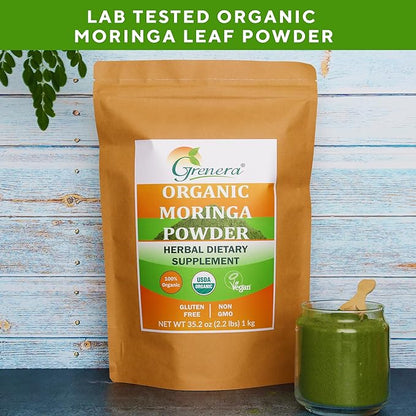 Grenera Organic Moringa Powder - 2.2 lbs (35.2 oz) | Moringa Oleifera Leaf Powder Lab Tested for Purity | Moringa Powder Organic Perfect for Smoothies, Drinks, Tea & Recipes | 100% Raw from India