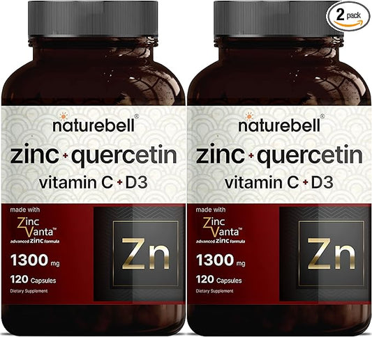 NatureBell 2 Pack Zinc Quercetin with Vitamin C & D3, 120 Capsules, Quercetin 1000mg, 4 in 1 Zinc 50mg, Vitamin C 250mg, Vitamin D3 5000 IU - Advanced Immune Defense, ZincVanta, Lung Support