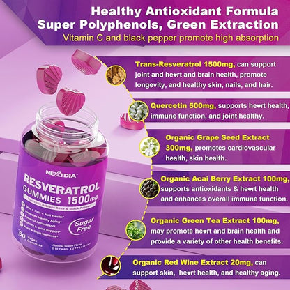 Resveratrol Gummies 1500mg - Sugar Free Resveratrol Supplement with Quercetin, Grape Seed, Acai Berries Extracts Support Antioxidant, Healthy Aging & longevity, Skin, Joint, Brain Wellness - Vegan