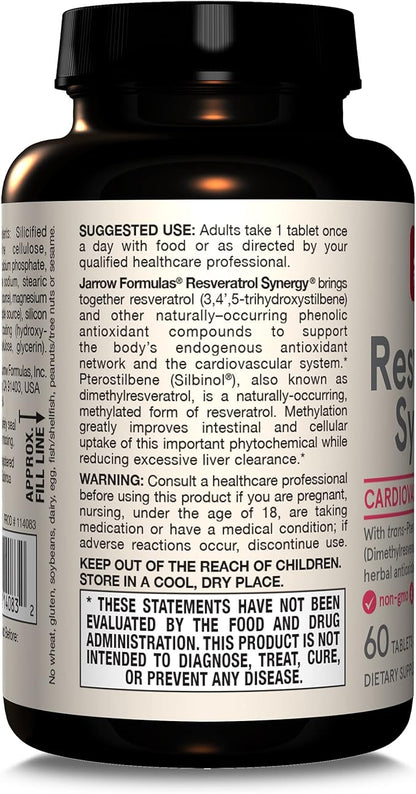 Jarrow Formulas Resveratrol Synergy 200 mg - 60 Tablets - Healthy Antioxidant Status - With trans-Pterostilbene - Heart Health - Includes Grape & Green Tea Extract - 60 Servings