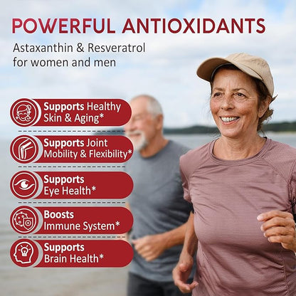 Sugar-Free Astaxanthin 24mg Gummies with Resveratrol, Vitamin B1, Coconut Oil - Powerful Antioxidants Supplement for Men & Women Healthy Aging, Skin, Eyes, Joints, Immune - Vegan, Non-GMO 120 Servings