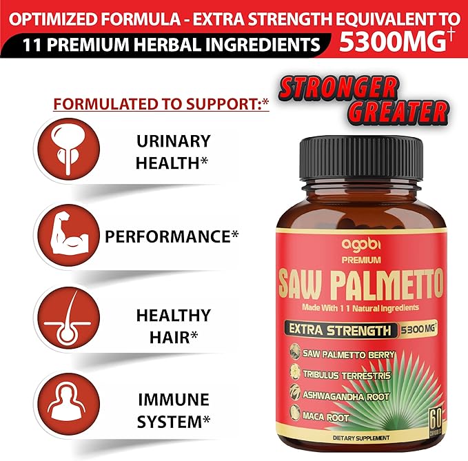 2 Packs 60 Counts 4 Months - Saw Palmetto Capsules 5300 mg - 11in1 with Ashwagandha, Turmeric, Tribulus, Maca, Green Tea, Holy Basil & More - Extract for Prostate, Skin & Immune Support