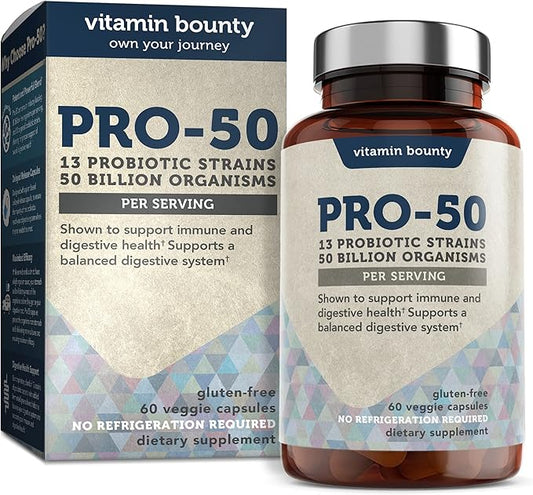 Vitamin Bounty Pro-50 Probiotic - 50 Billion Organisms and 13 Probiotic Strains That Promote Gut Health, Digestive Health Probiotic, Delayed Release Capsule with Prebiotic Greens - 60 Capsules