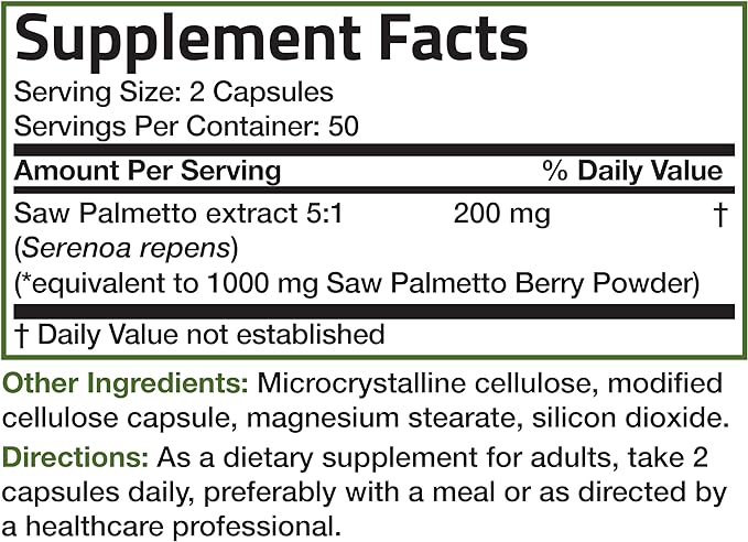 Bronson Saw Palmetto 1000 MG per Serving Extra Strength Supports Healthy Prostate Function & Urinary Health Support - Non GMO, 100 Vegetarian Capsules