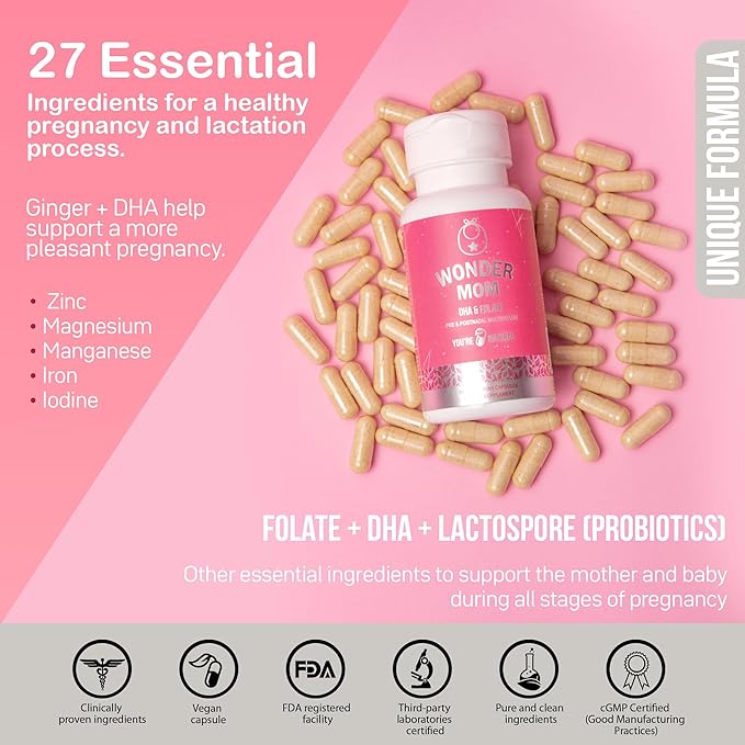 YOU'RE NATURAL Wonder Mom Prenatal and Postnatal Vitamins for Women with Folate, DHA, Probiotics, Iron, Myo Inositol, Biotin, D3, B12 Fetal Development, Pregnancy Must Have-30 Day Supply