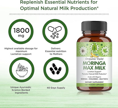 Organic Veda Moringa Max Milk Lactation Supplement - Moringa Lactation Support with Long Pepper, Fennel Seeds & Milk Thistle Extract - Promotes Natural Milk Production - Vegan, Non-GMO - 120 Count