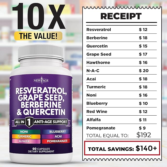 NEW AGE Resveratrol 6000mg Berberine 3000mg Grape Seed Extract 3000mg Quercetin 4000mg - Polyphenol Supplement for Women and Men with Noni Extract, N-Acetyl Cysteine, Acai Extract - 120 Capsules