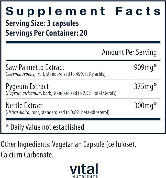 Vital Nutrients Saw Palmetto with Pygeum & Nettle Root | Vegan Saw Palmetto for Men Supports Healthy Prostate Function* | Vegan Saw Palmetto Extract Supplement | Gluten, Dairy, Soy Free | 60 Capsules