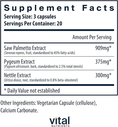 Vital Nutrients Saw Palmetto with Pygeum & Nettle Root | Vegan Saw Palmetto for Men Supports Healthy Prostate Function* | Vegan Saw Palmetto Extract Supplement | Gluten, Dairy, Soy Free | 60 Capsules