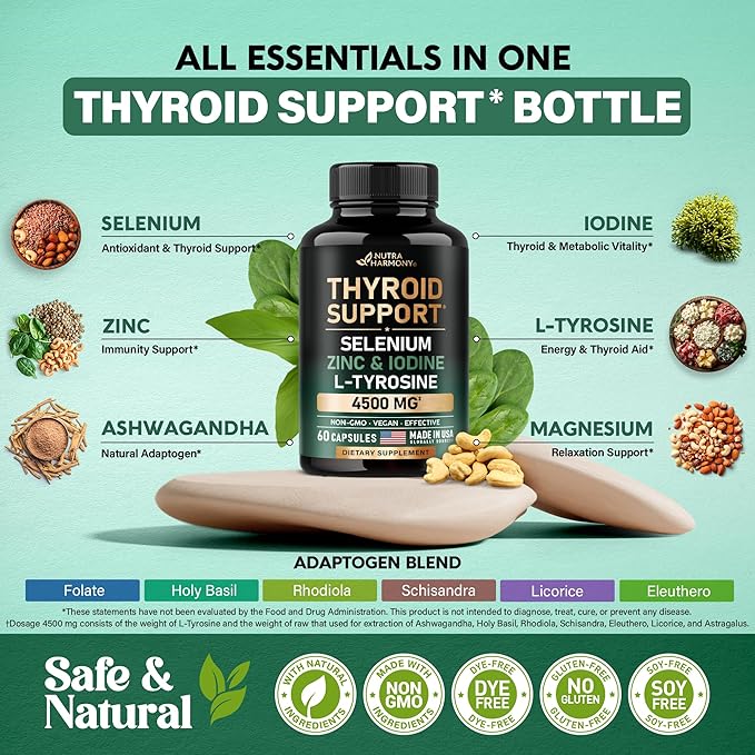 Thyroid Support for Women - Selenium 200 mcg | Zinc & Iodine | L-Tyrosine | Magnesium | Adaptogen Herbs - 20-in-1 Antioxidant & Immune Support - Vegan, NON-GMO, Lab Tested - 60 Capsules, Made in USA