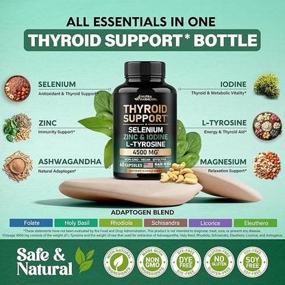 Thyroid Support for Women - Selenium 200 mcg | Zinc & Iodine | L-Tyrosine | Magnesium | Adaptogen Herbs - 20-in-1 Antioxidant & Immune Support - Vegan, NON-GMO, Lab Tested - 60 Capsules, Made in USA