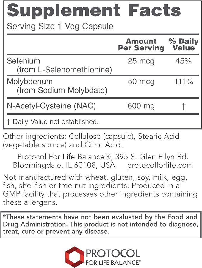 Protocol NAC 600mg - N-Acetyl-Cysteine with Molybdenum & Selenium - For Glutathione Synthesis, Cellular & Lung Health* - Amino Acid Supplement - Made Without Gluten, Dairy-Free, Non-GMO - 100 Veg Caps