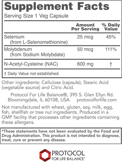 Protocol NAC 600mg - N-Acetyl-Cysteine with Molybdenum & Selenium - For Glutathione Synthesis, Cellular & Lung Health* - Amino Acid Supplement - Made Without Gluten, Dairy-Free, Non-GMO - 100 Veg Caps