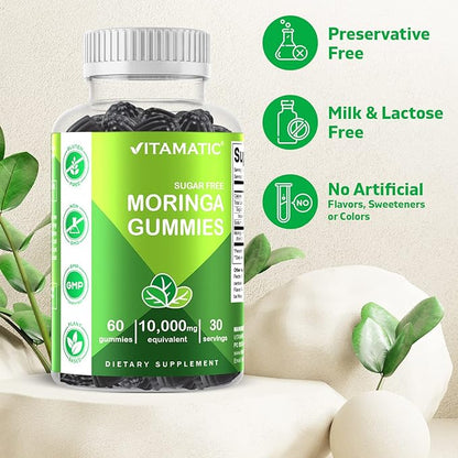 Vitamatic Sugar Free Moringa Gummies - 10000 mg Equivalent per Serving - Complete Green Superfood - 60 Pectin Based Gummies