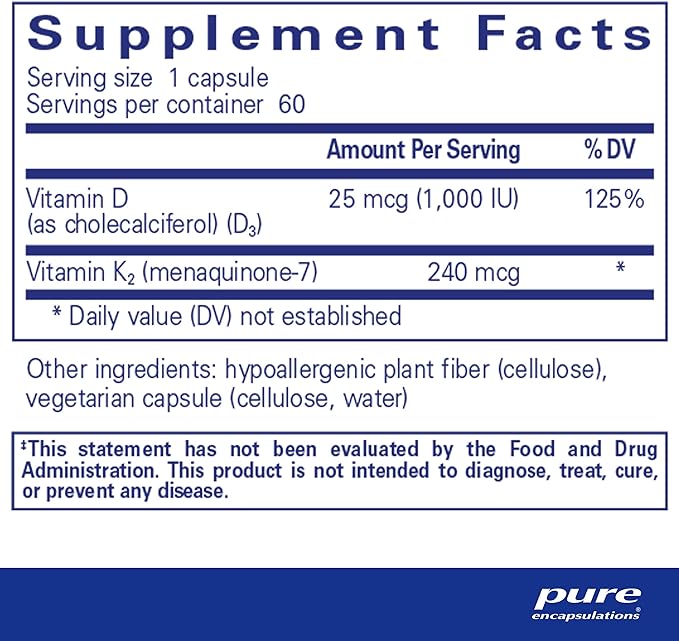 Pure Encapsulations PureHeart K2D - Heart Health Supplement* - with Vitamin K2 & D3 - Cholecalciferol Vitamin D & MK-7 - Non-GMO & Vegetarian - 60 Capsules