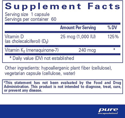 Pure Encapsulations PureHeart K2D - Heart Health Supplement* - with Vitamin K2 & D3 - Cholecalciferol Vitamin D & MK-7 - Non-GMO & Vegetarian - 60 Capsules