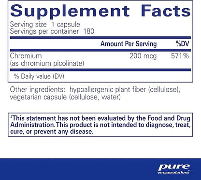 Pure Encapsulations Chromium (Picolinate) 200 mcg | Hypoallergenic Supplement for Healthy Lipid and Carbohydrate Metabolism Support* | 180 Capsules