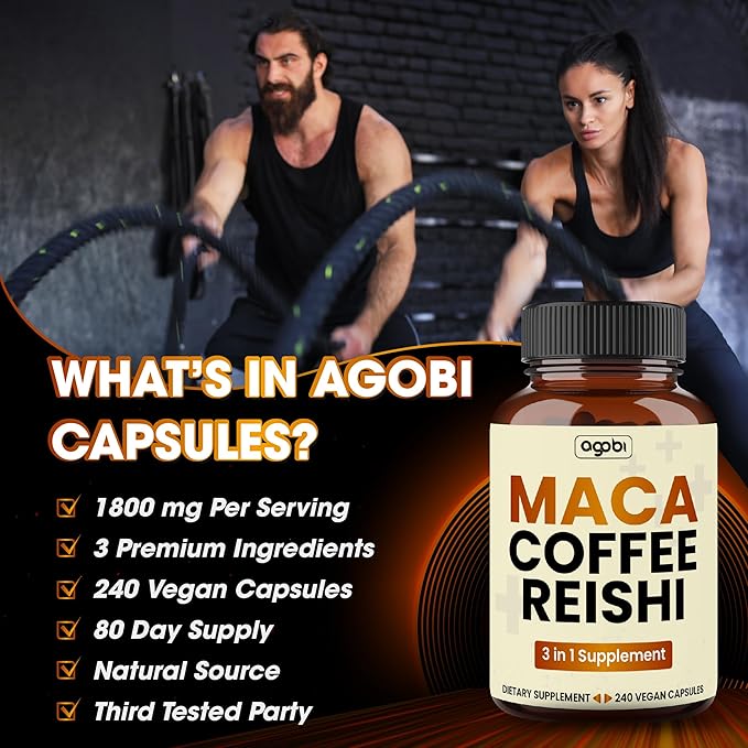 agobi 1800mg Maca Coffee Supplement with Reishi Mushroom - 240 Vegan Capsules - Support for Energy Production, Mood Support, Immune System & Stamina - Gluten-Free, Non-GMO