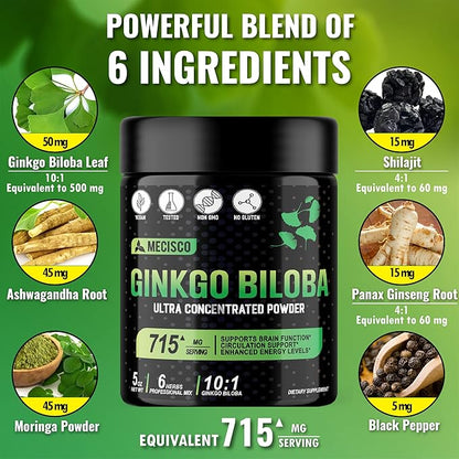 6in1 Ginkgo Biloba Extract Powder - High Concentrated with Ashwagandha Root, Moringa, Shilajit, Panax Ginseng & Black Pepper - Support Health Aging, Memory, Focus, Mood Stability - 5 Oz