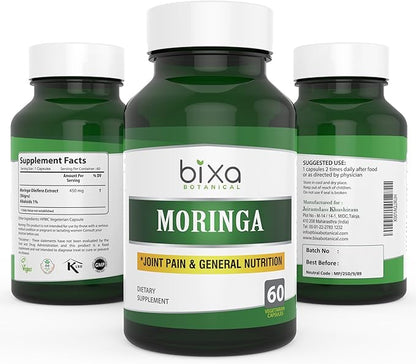 bixa BOTANICAL Moringa Extract 1% Alkaloids 60 Veg Capsules (450mg) | Multi-Vitamin and Nutritional Green Superfood Supplement ǀ Helps in Joint Pain and Blood Circulation ǀ