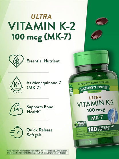 Nature's Truth Vitamin K2 MK7 Complex | 100 mcg | 180 Softgels | Non-GMO & Gluten Free Supplement