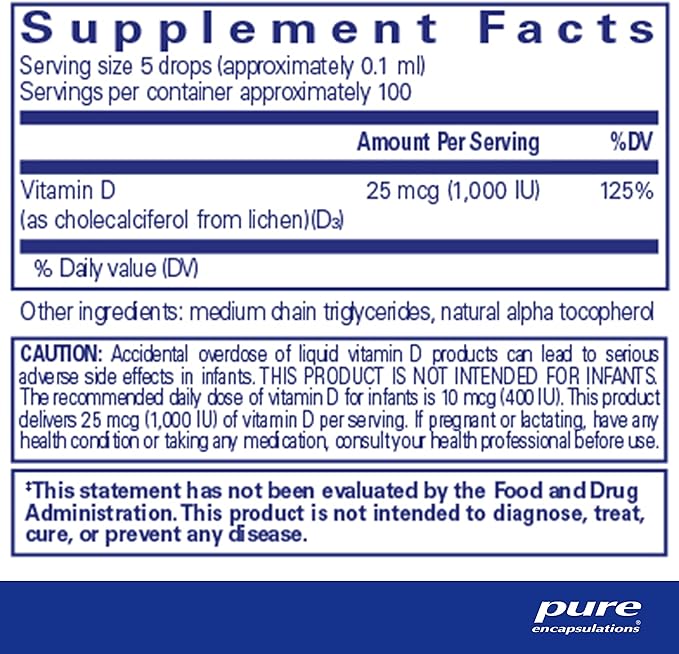 Pure Encapsulations Vitamin D3 (Vegan) Liquid | Hypoallergenic Support for Bone, Breast, Cardiovascular, Colon and Immune Health* | 0.3 fl. oz.