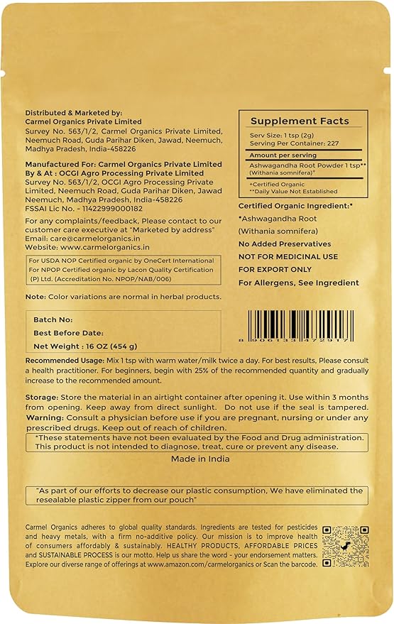 CARMEL ORGANICS Organic Ashwagandha Root Powder, 16 Oz or 1 Lbs - USDA Certified. Lab Tested, Non GMO & Gluten Free | Withania Somnifera from India | Eco Friendly Kraft Paper