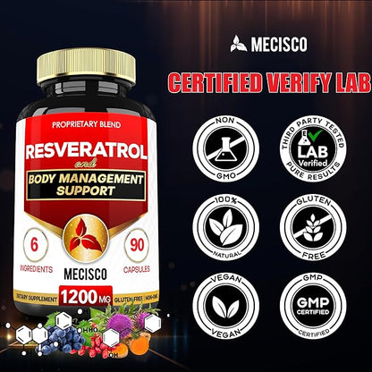 Trans Resveratrol Supplement with Grape Seed, Milk Thistle, and More - Resveratrol 1000mg Organic - 6 Herbal Supports for Immune System, Heart Health, Body Management & Joint Health - 90 Capsules